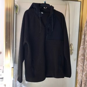 Dark green, light weight Sherpa jacket, zip pockets, with hood, size large